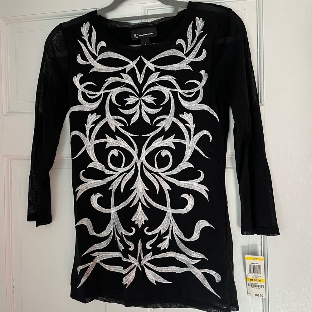 INC Black long sleeve shirt with beautiful white embroidered pattern